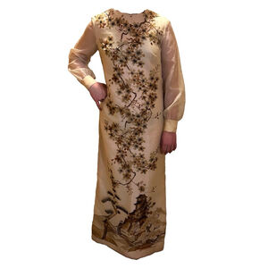 Vintage Alfred Shaheen Pake Mu Gown | Ivory Cherry Blossom Print | Size 12 EUC